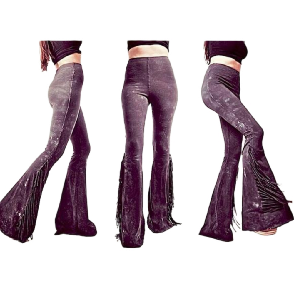 PETITE LENGTH Fringe Bell Bottoms - High Waisted Tie Dye Bell Bottom Flare Pants - Picture 3 of 8